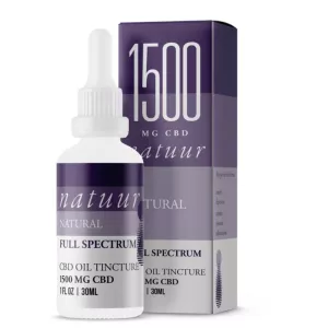Full Spectrum CBD Oil Tincture 1500mg by natuur, white bottle with purple label and box.