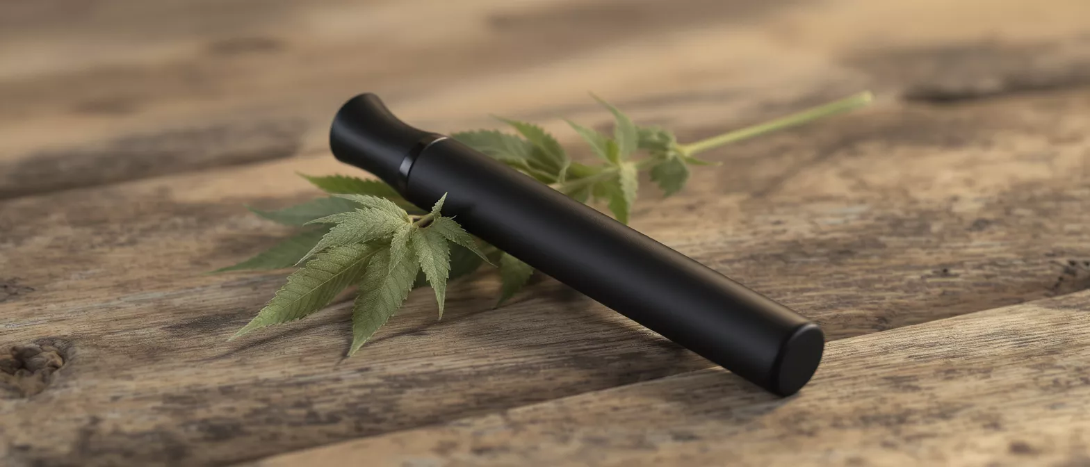 Black vaporizer resting on wooden surface with cannabis leaves
