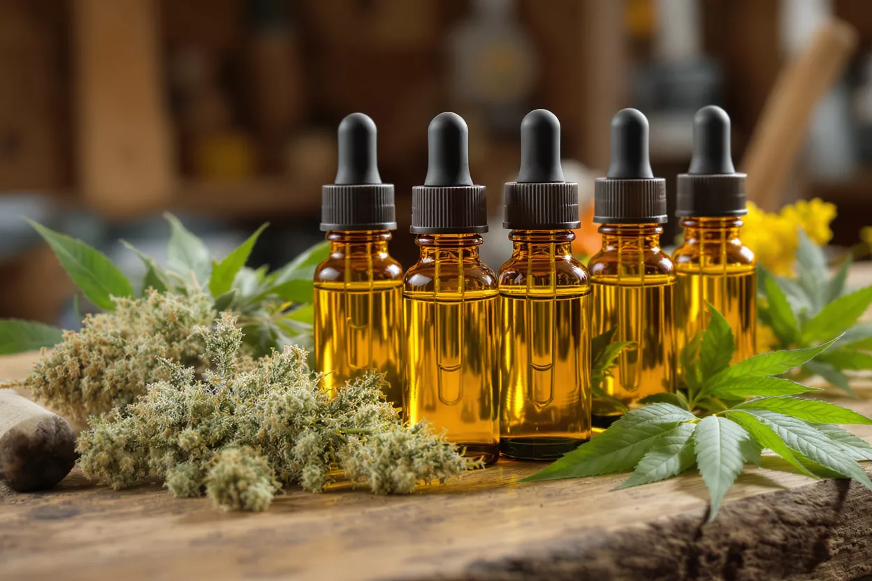 Five amber bottles of cannabis oil surrounded by leaves and flowers
