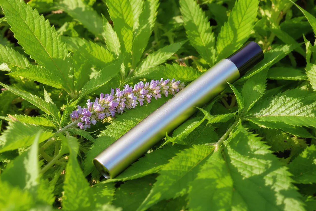 Stylo vape argenté et fleur de lavande sur des feuilles vert vif.