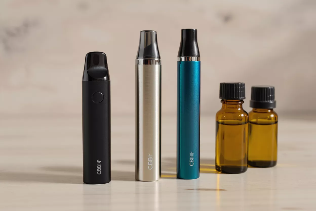 Trois stylos vape en noir, argent et bleu avec deux flacons d'huile ambrés.