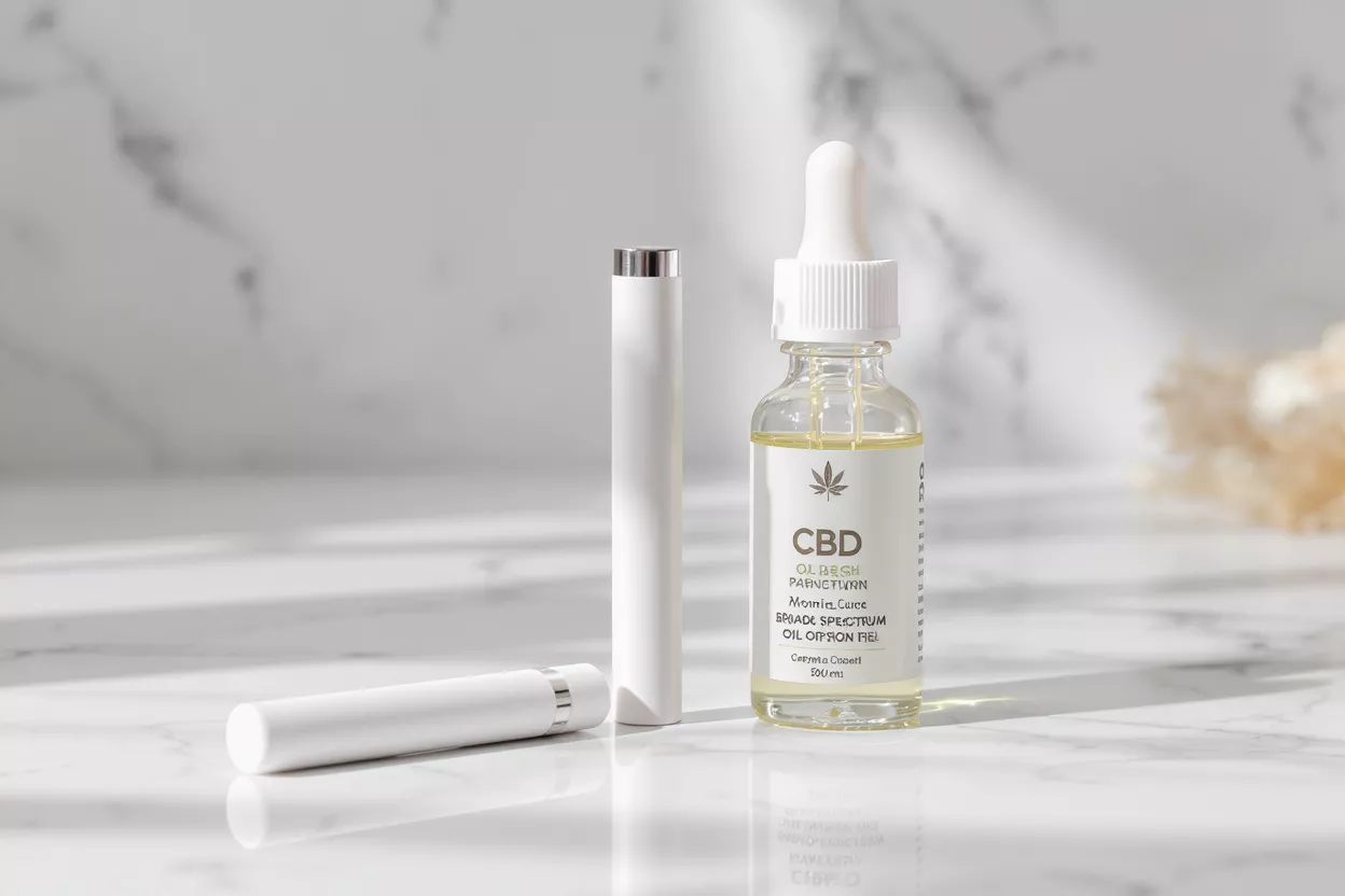 Flacon compte-gouttes d'huile de CBD et vape pen blanc sur une surface en marbre.