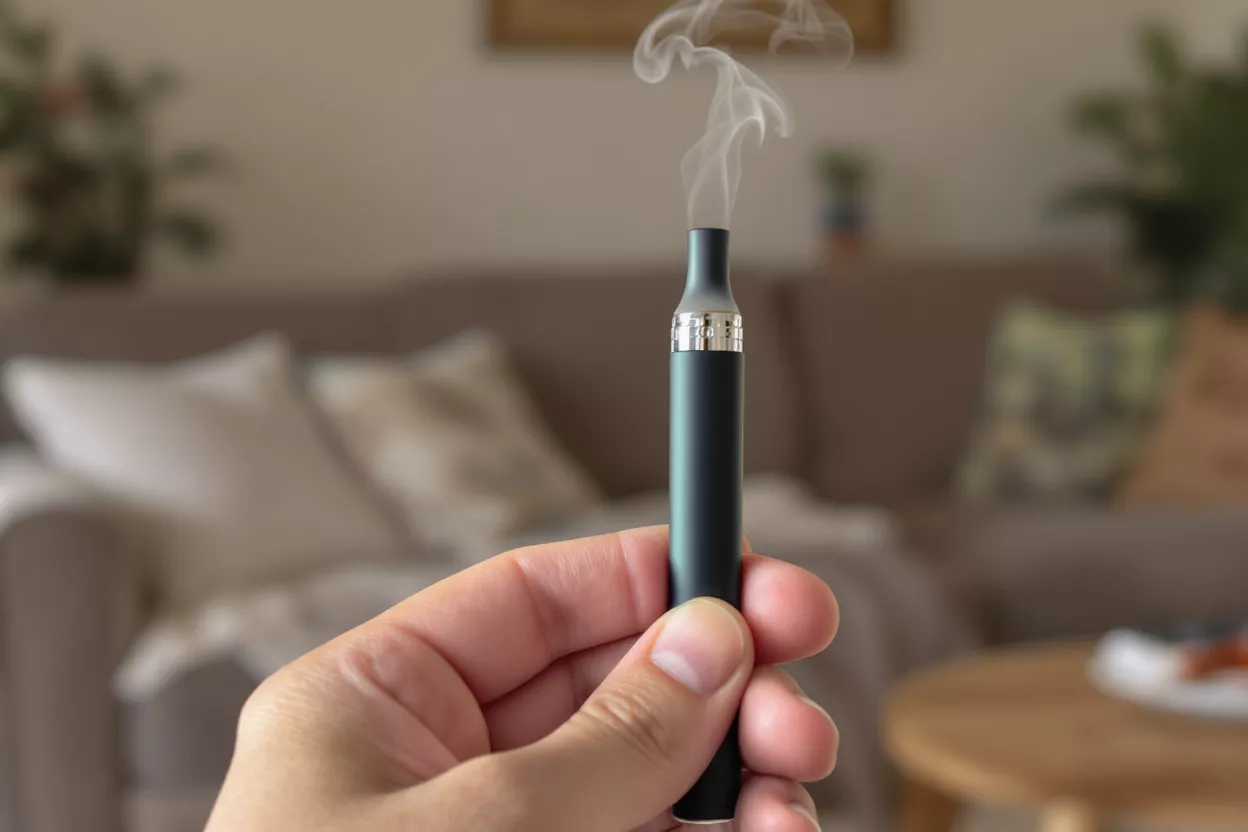 Une main tenant un stylo vapeur noir avec de la fumée s'échappant de son embout.