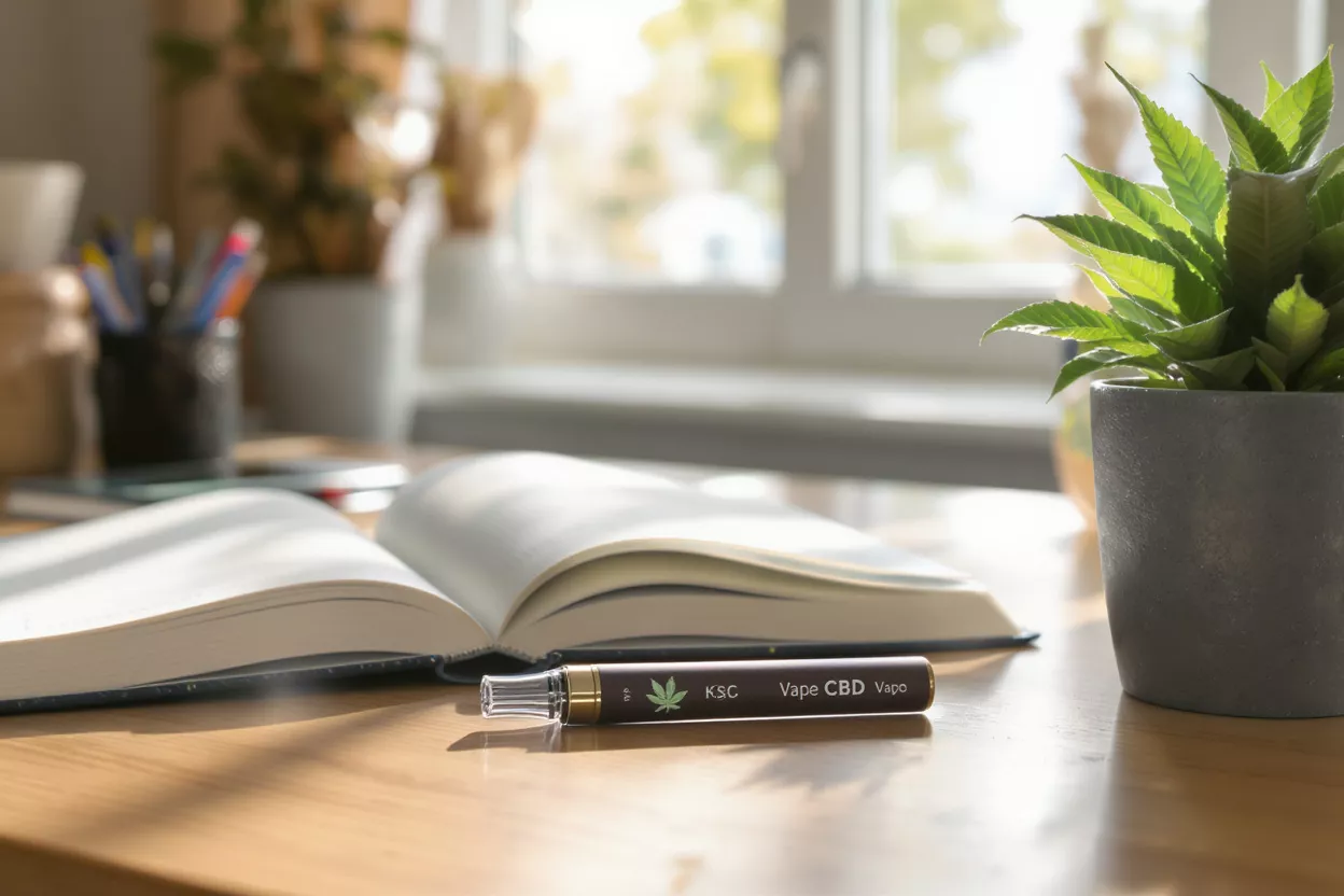 Un vape pen CBD sur un bureau en bois à côté d'un livre ouvert et d'une plante.