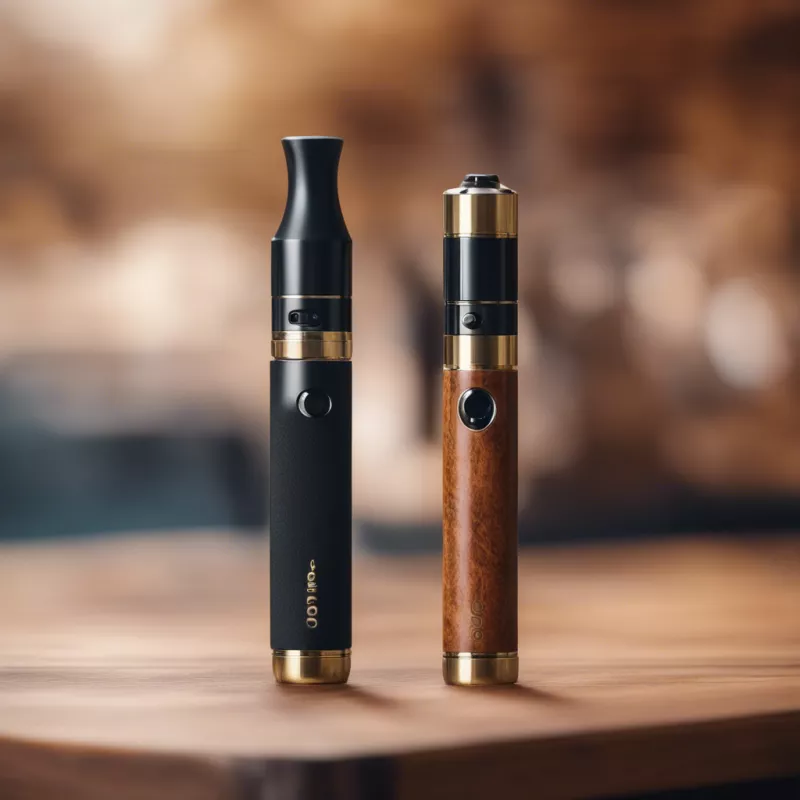 CBD vape pen resting on a wooden cutting board against an elegant backdrop