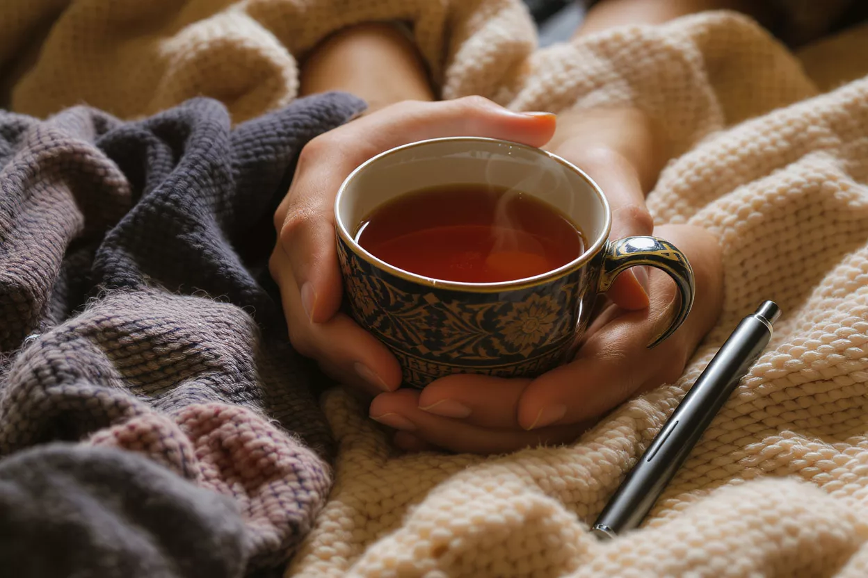 Hands holding a cup of steaming tea wrapped in blankets