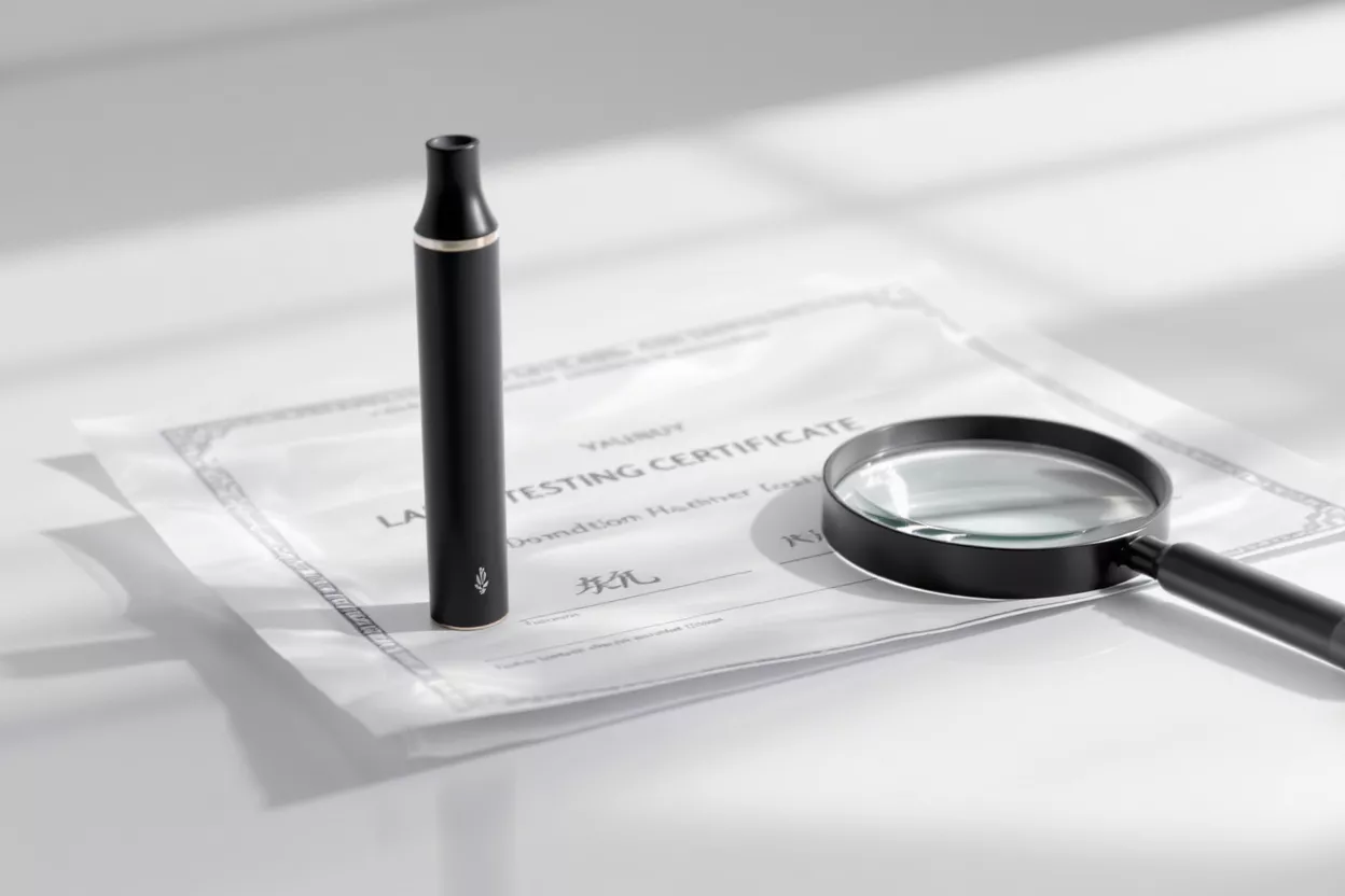 A black pen-like device beside a magnifying glass and certificate