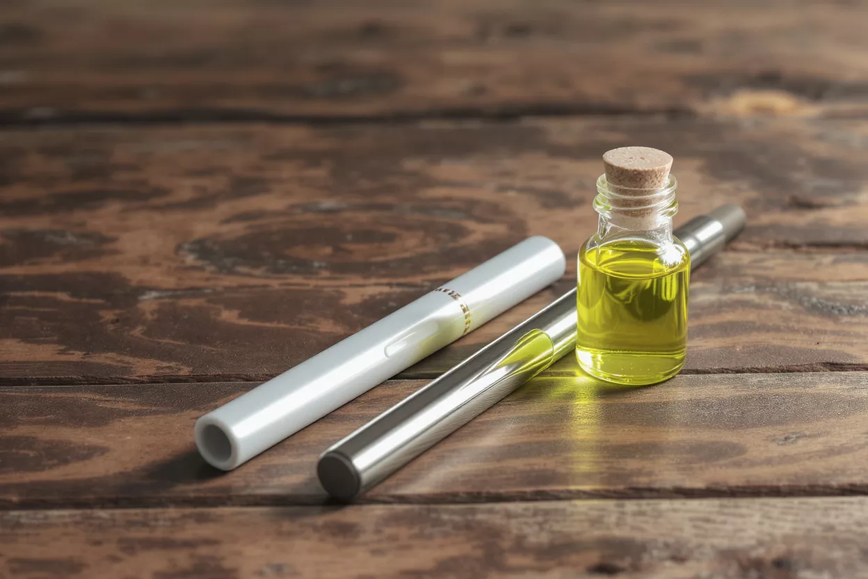 Two vape pens and a small bottle of oil on wood