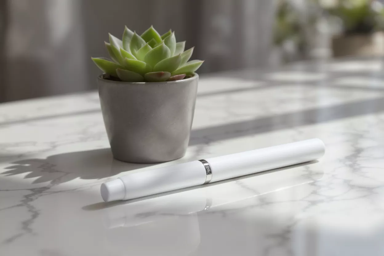 A white pen next to a succulent plant in a pot