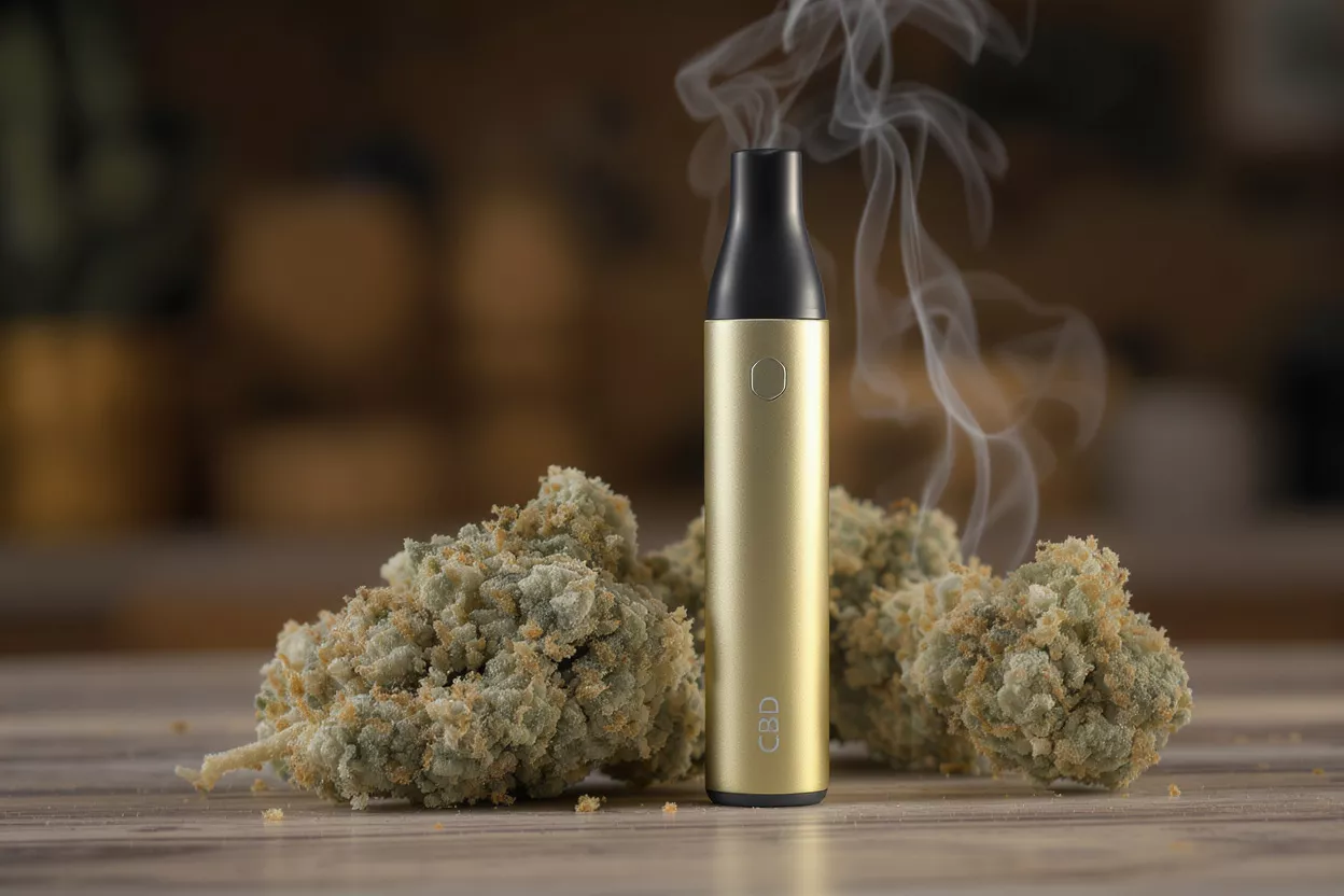A gold CBD vaporizer with cannabis flower and smoke