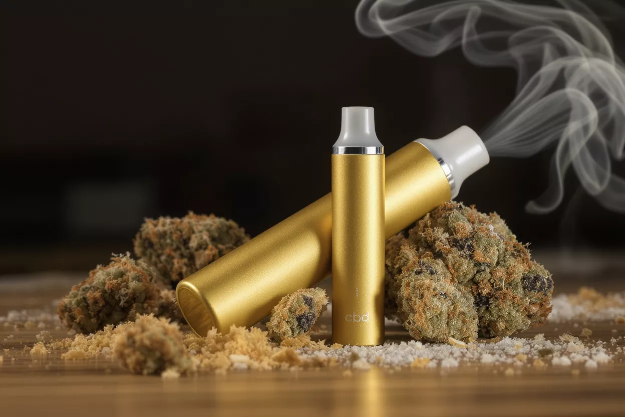 Gold vaporizer next to CBD flower on a wooden surface