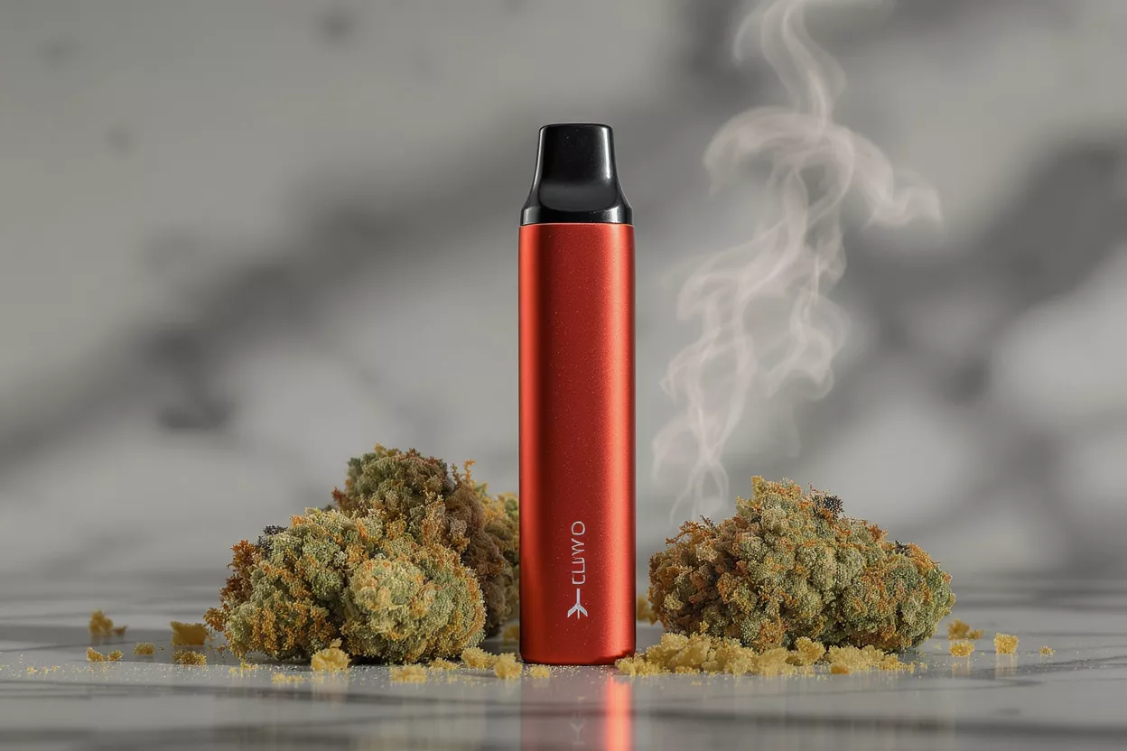A sleek red vaporizer surrounded by cannabis buds