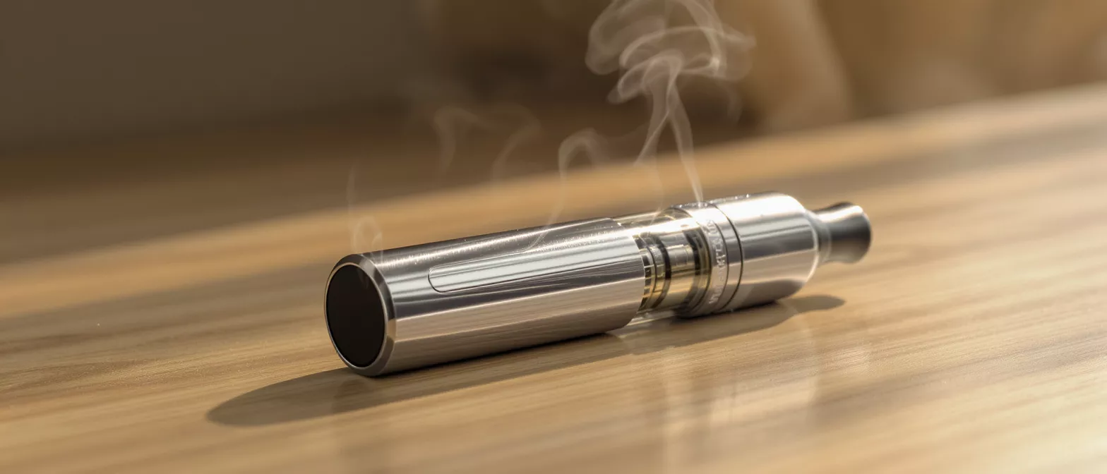A sleek vape device emitting smoke on a wooden surface