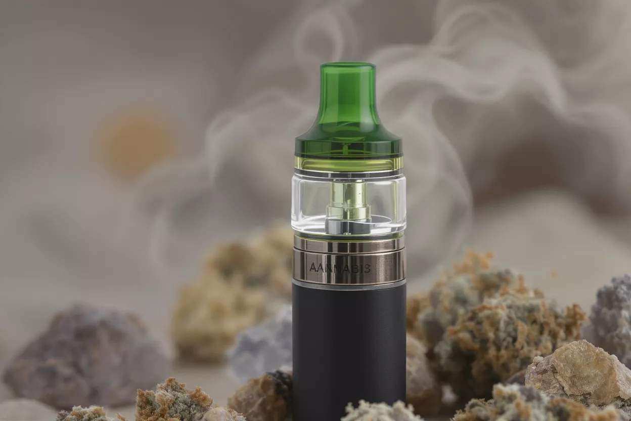 A vape device surrounded by herbal materials