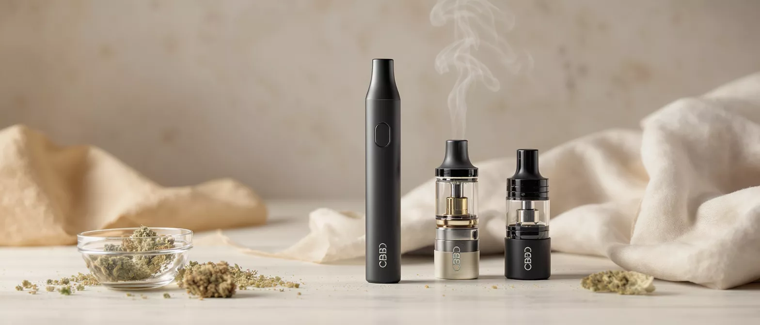 Vape pens and CBD flower on a table