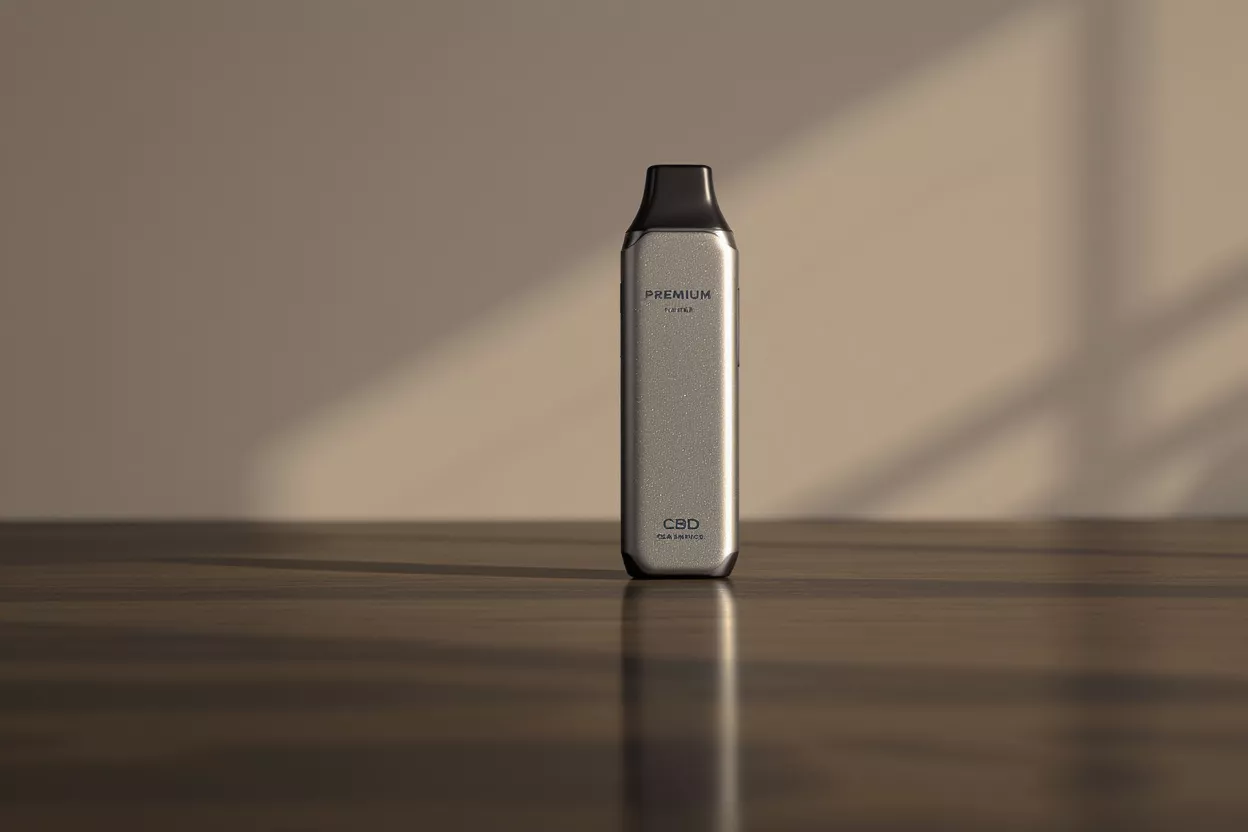 Sleek silver CBD vape device on a wooden table