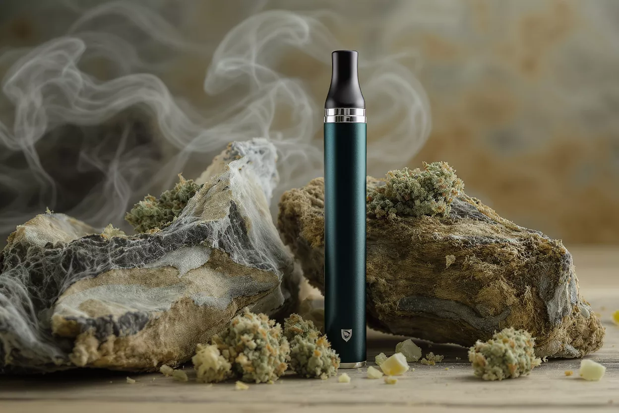 Vape pen beside herbs and smoke on a surface