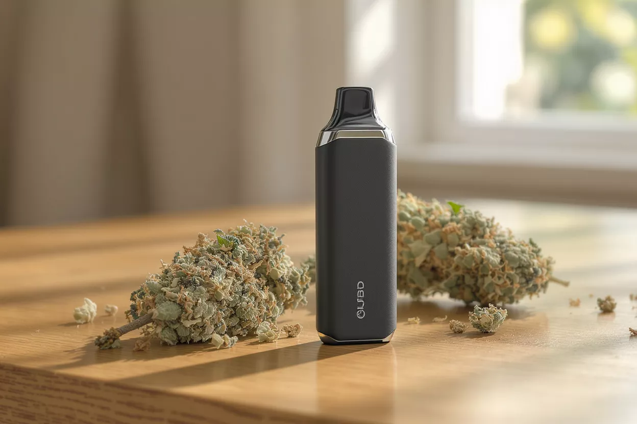 A vape device placed next to dried herbs