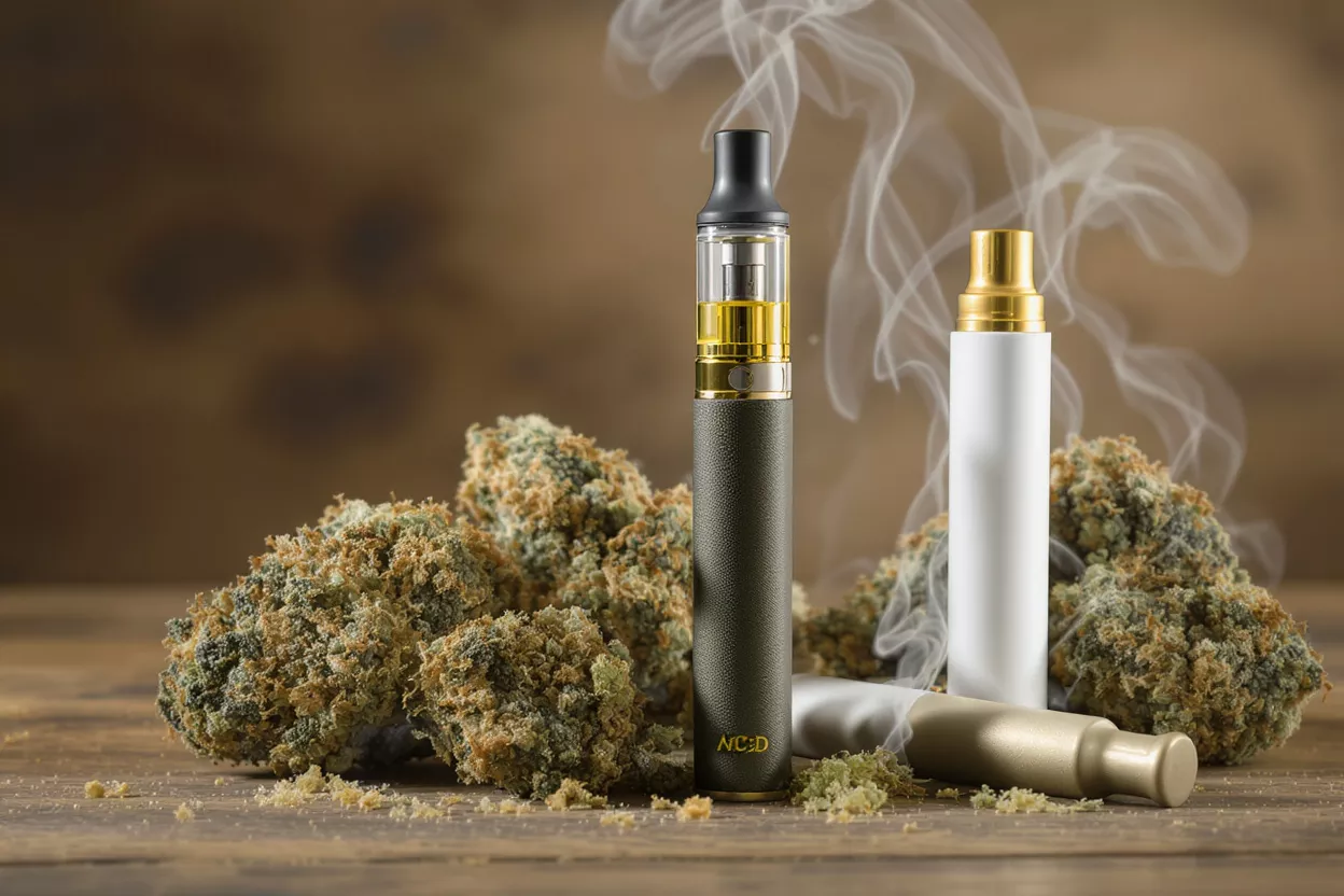Vape pen beside cannabis buds on wooden surface