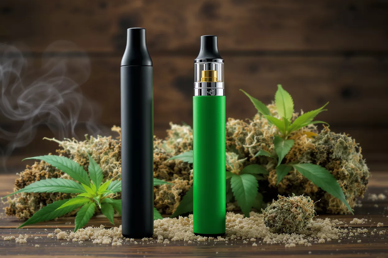 Two vape pens beside cannabis flowers on a wooden surface
