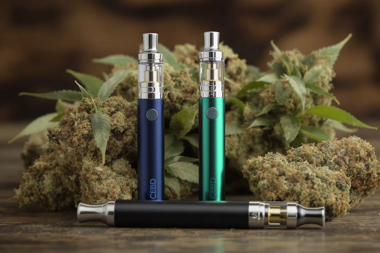 Three vape pens beside cannabis flowers