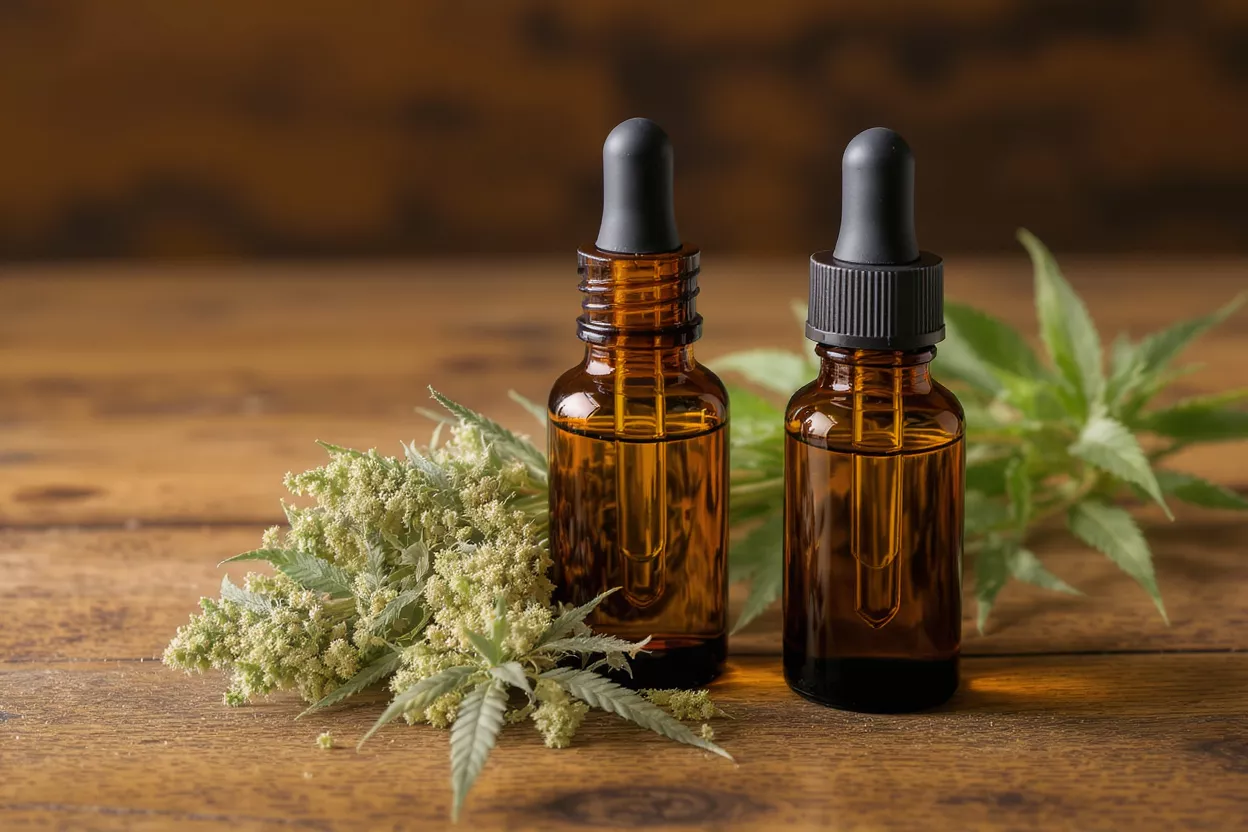 Two amber dropper bottles of CBD oil with hemp flowers and leaves on wood.