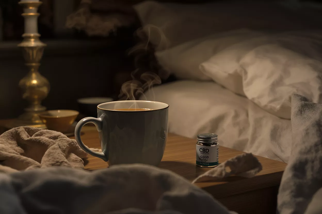 Steaming mug and CBD container on a bedside table, promoting relaxation.