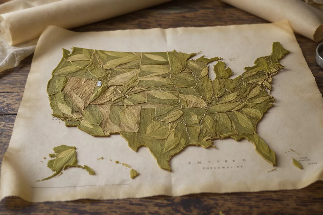 A map of the USA crafted from dried leaves on aged parchment paper.
