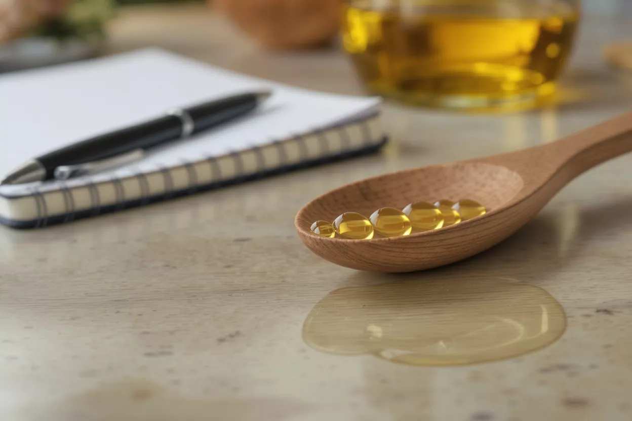 Wooden spoon with omega-3 capsules, spilled oil, notebook, and pen on a wooden table.