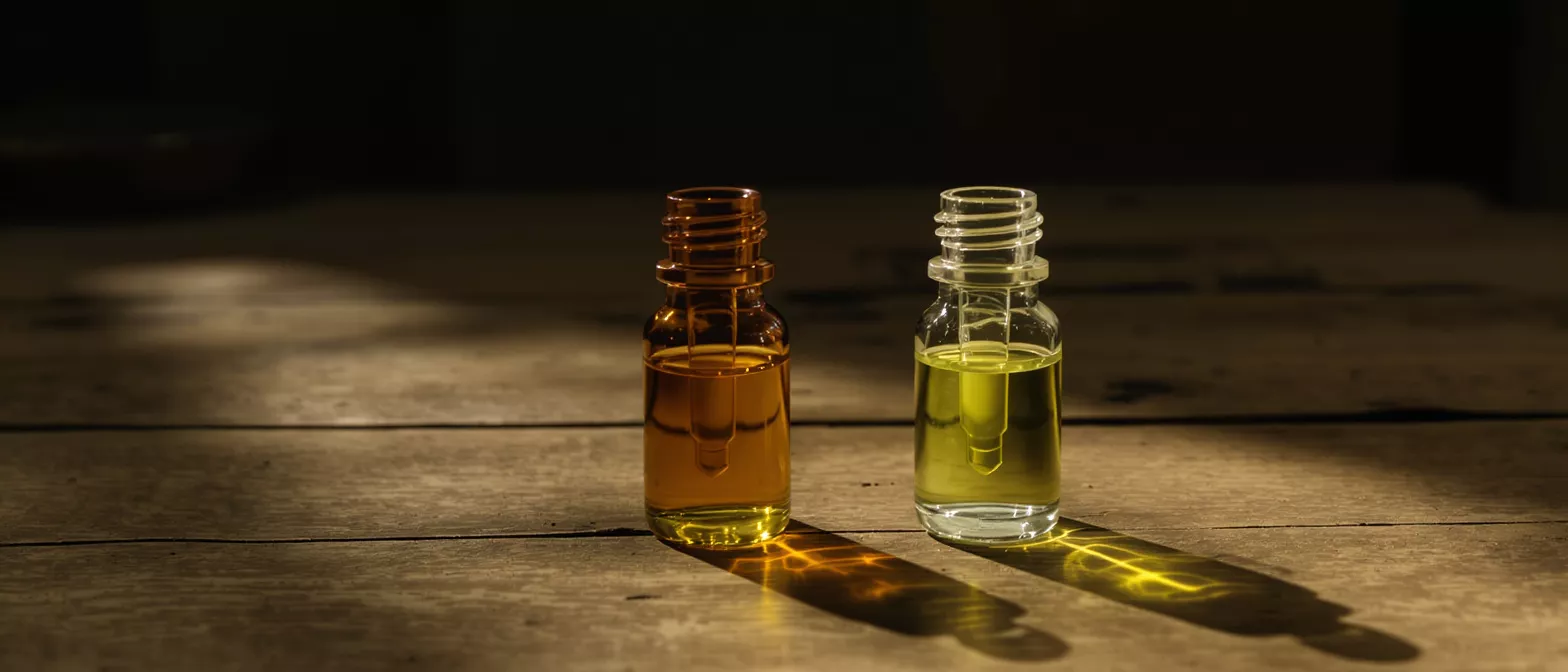 Two essential oil bottles, amber and clear, on a rustic wooden table with dramatic lighting.
