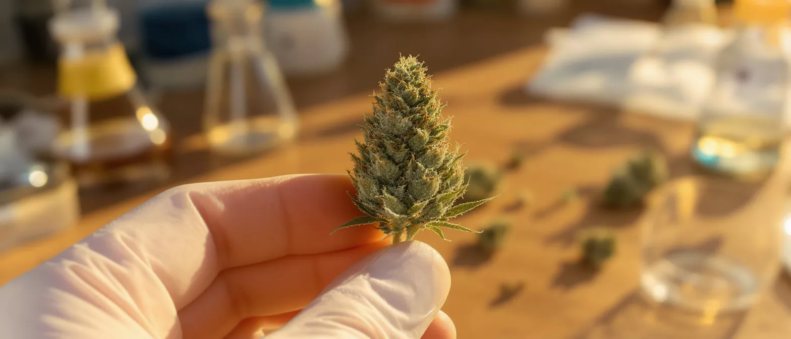 Gloved hand holding a cannabis bud with lab equipment in the background.
