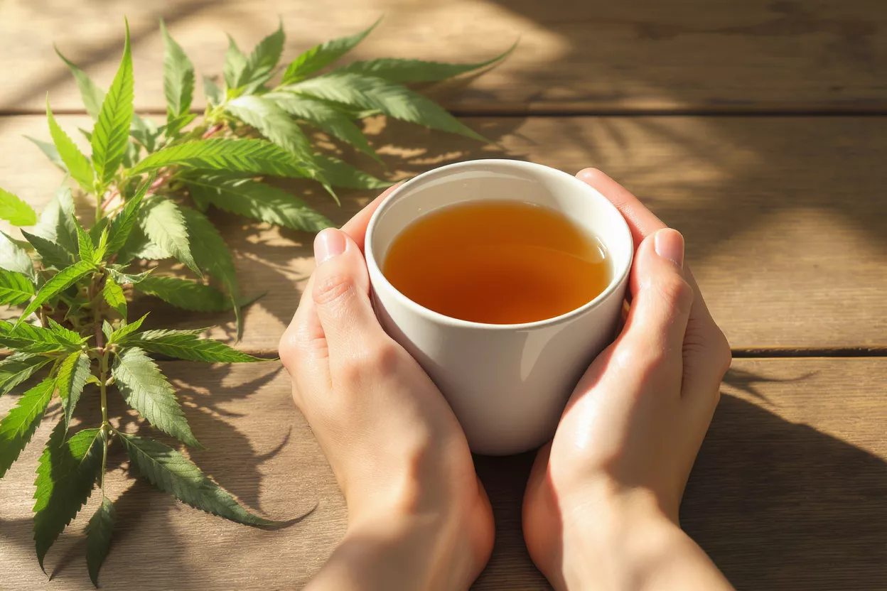 Hands holding a cup of cannabis tea on a wooden table with leaves.