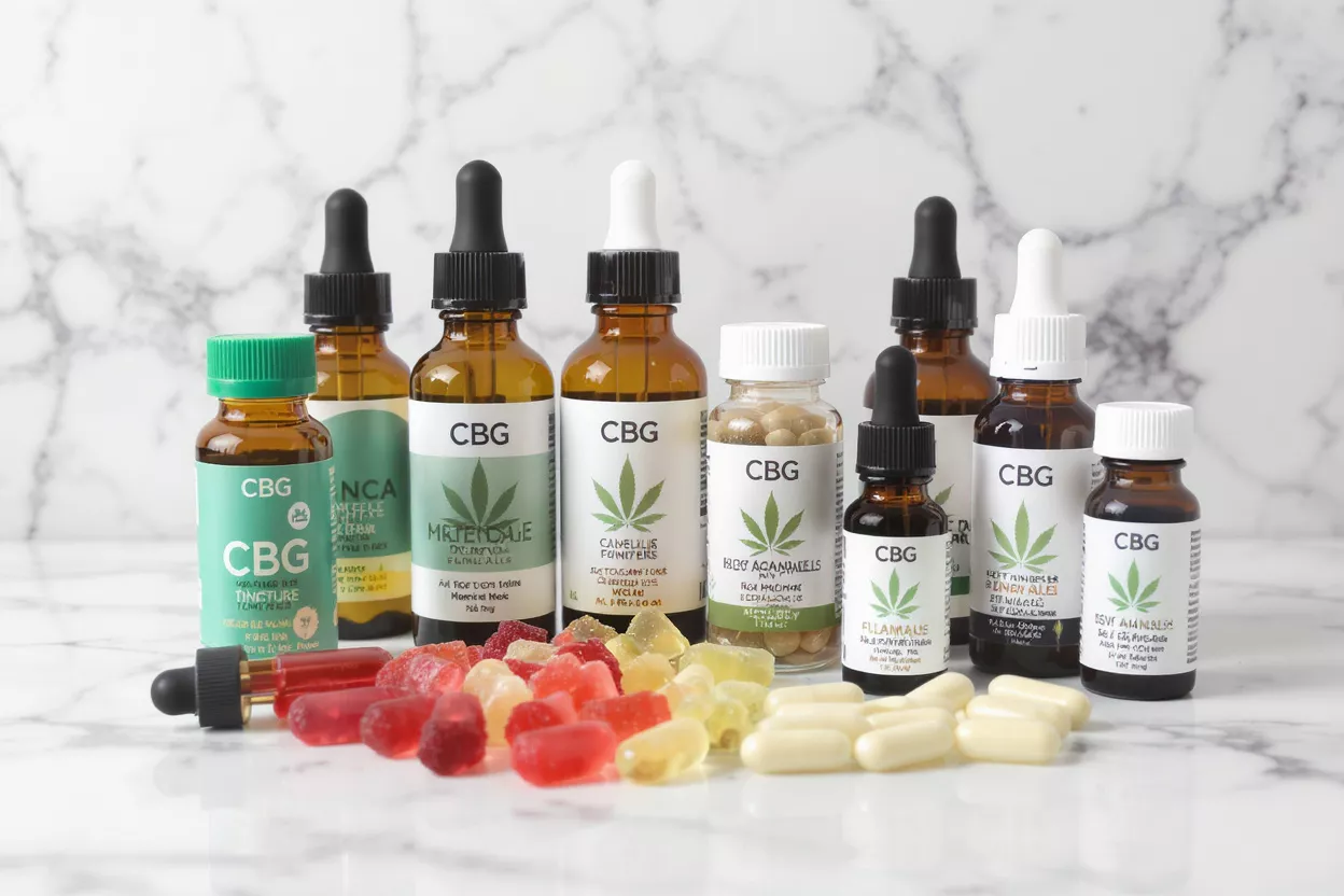 Various CBG hemp products including tinctures, gummies, and capsules on marble.