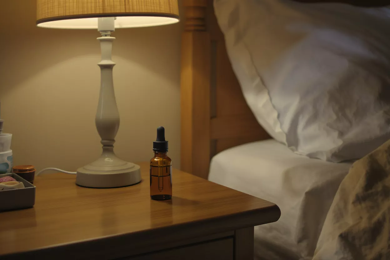 Nightstand with CBD Oil and Lamp Amber dropper bottle of CBD oil on a nightstand next to a lit lamp.
