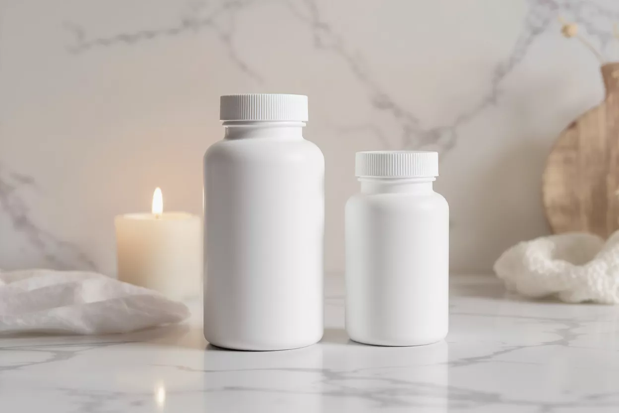 White Supplement Bottles Two white supplement bottles on a marble surface with a lit candle.