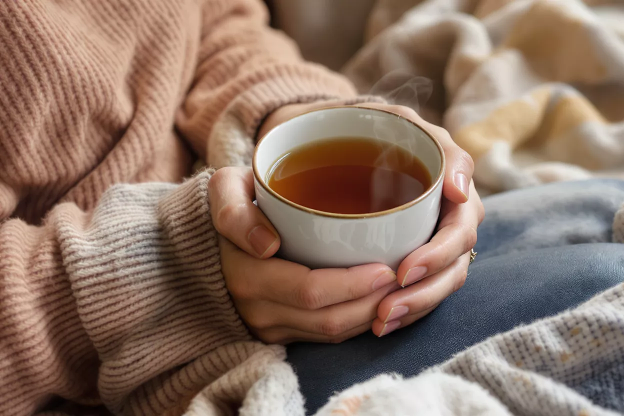 Cozy Warm Tea Cup Hands holding a steaming cup of tea, wearing a cozy knitted sweater.