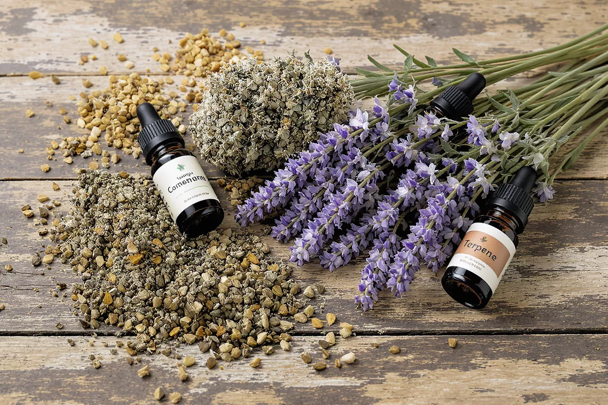 Lavender Essential Oils and Herbs Essential oil bottles, dried lavender, and herbs on a rustic wooden surface.