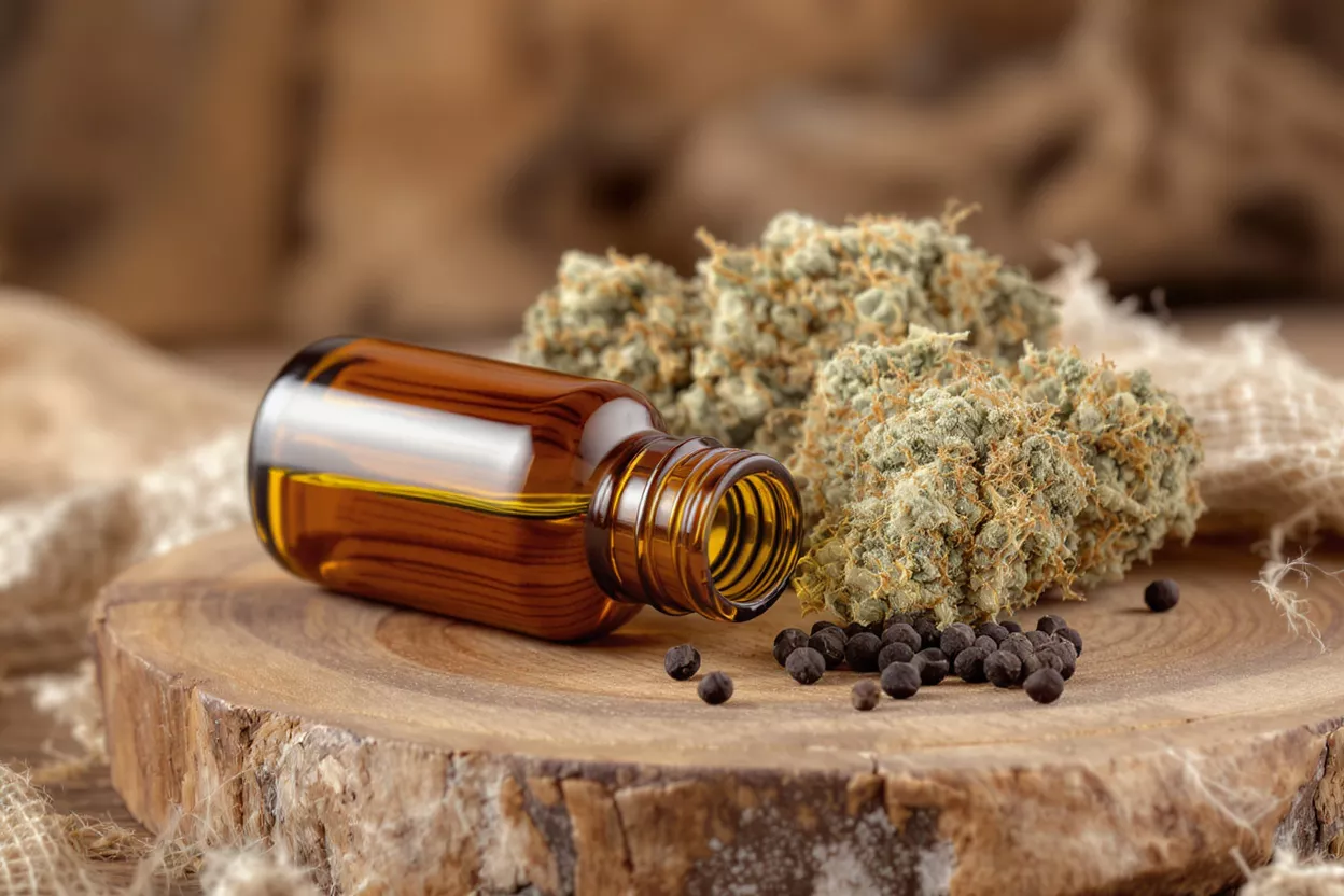 Brown bottle with cannabis oil beside cannabis buds