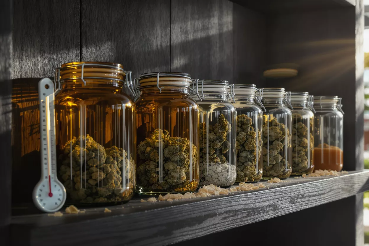 Various jars containing cannabis on a shelf