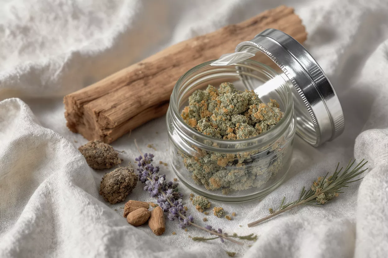 Glass jar containing cannabis buds and herbs