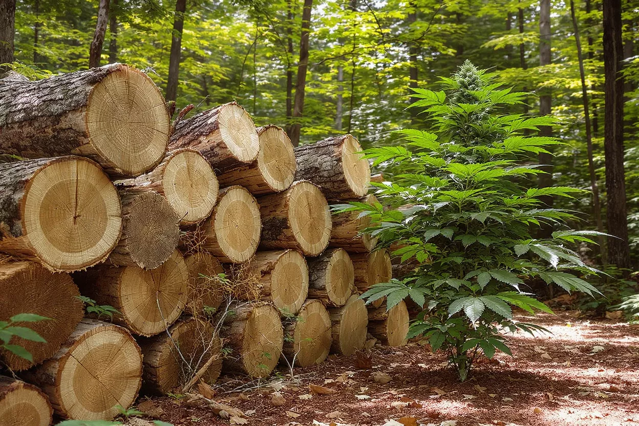 Stacks of logs beside a cannabis plant in a forest