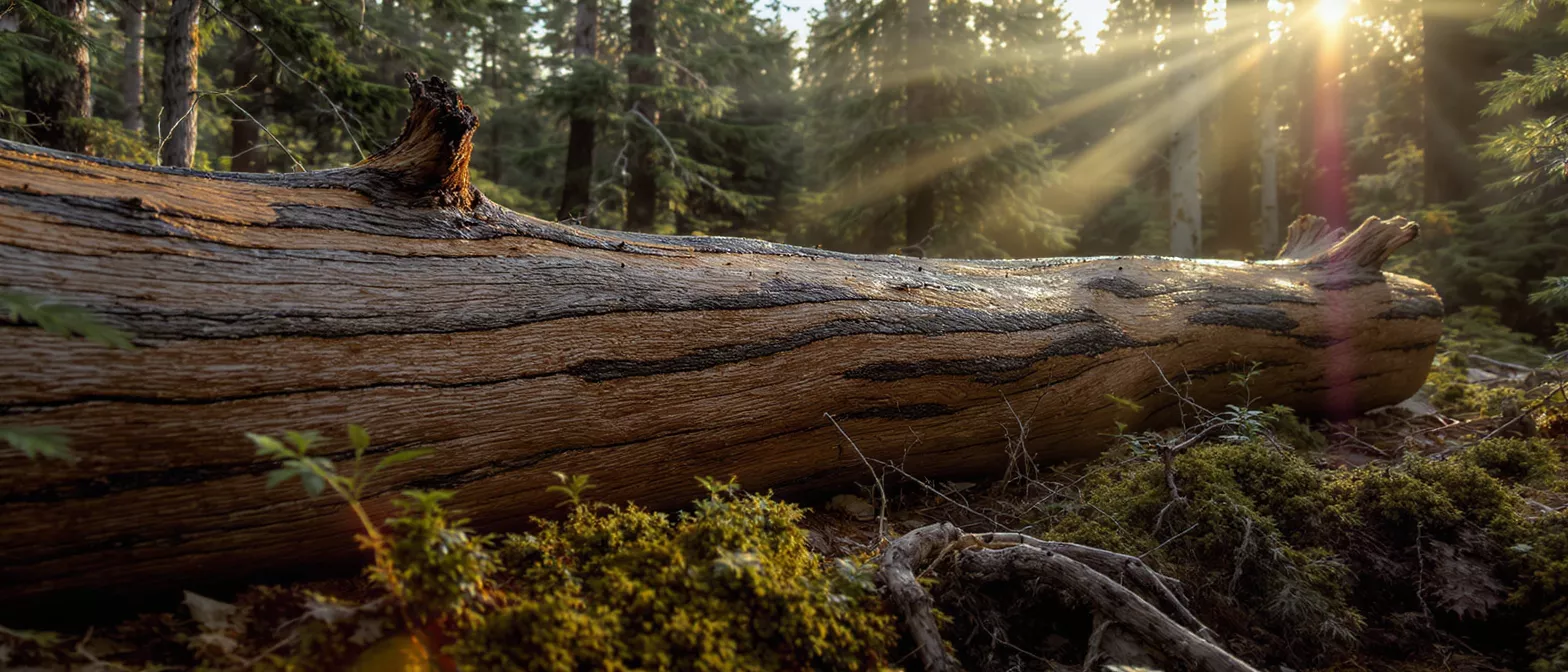 A fallen log illuminated by sunlight in a forest