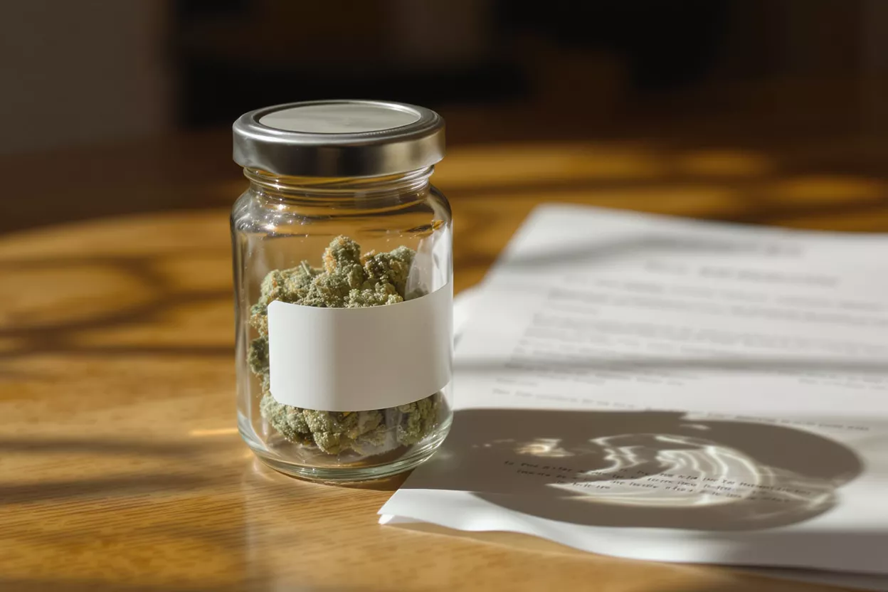 Cannabis Product Document and Jar A document titled 'Cannabis Product' next to a jar of cannabis.