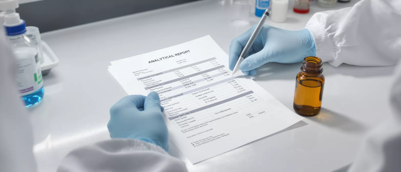 A scientist in blue gloves reviews an analytical report with a pen.