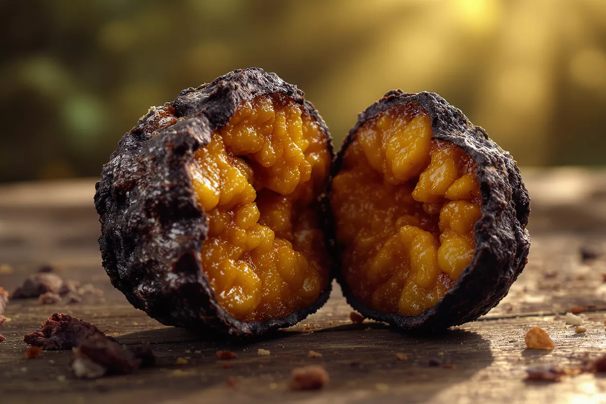 A dark, charred fruit split in half on a wooden table, revealing a golden-orange pulp.
