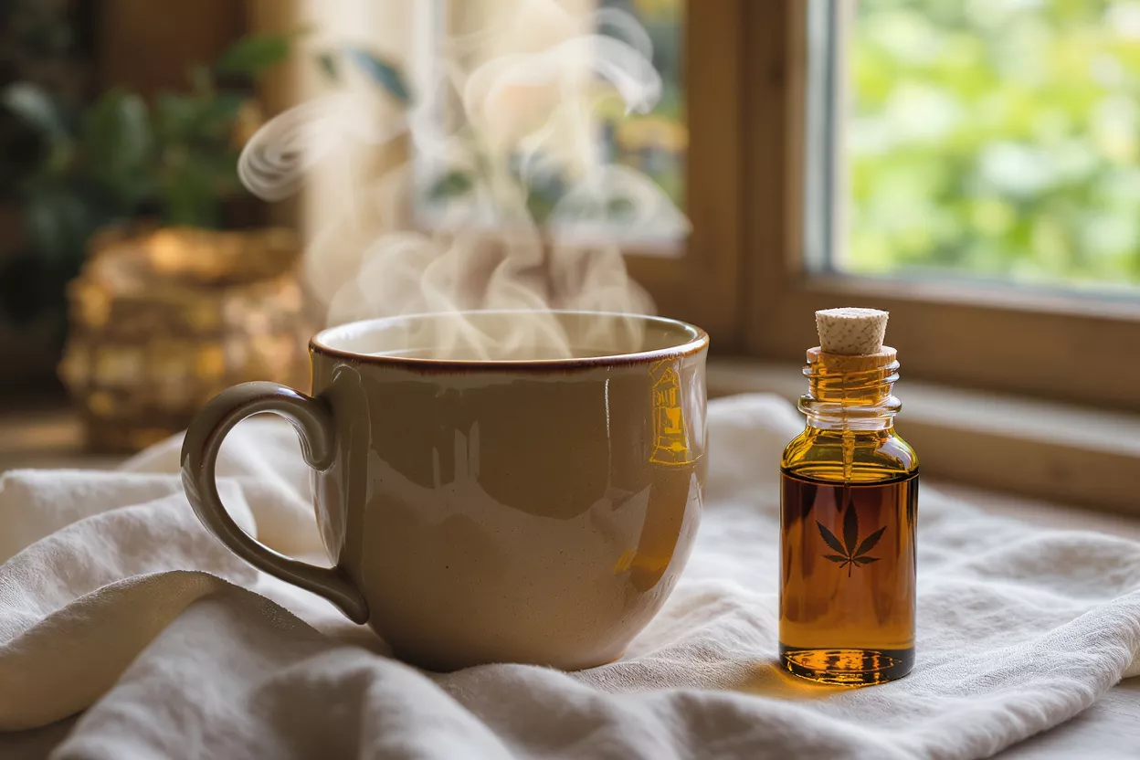 A steaming mug of tea sits next to a small bottle of CBD oil.