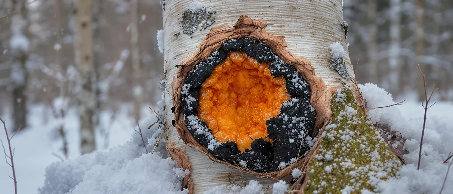 Chaga mushroom with orange interior on a birch tree in a snowy winter forest.