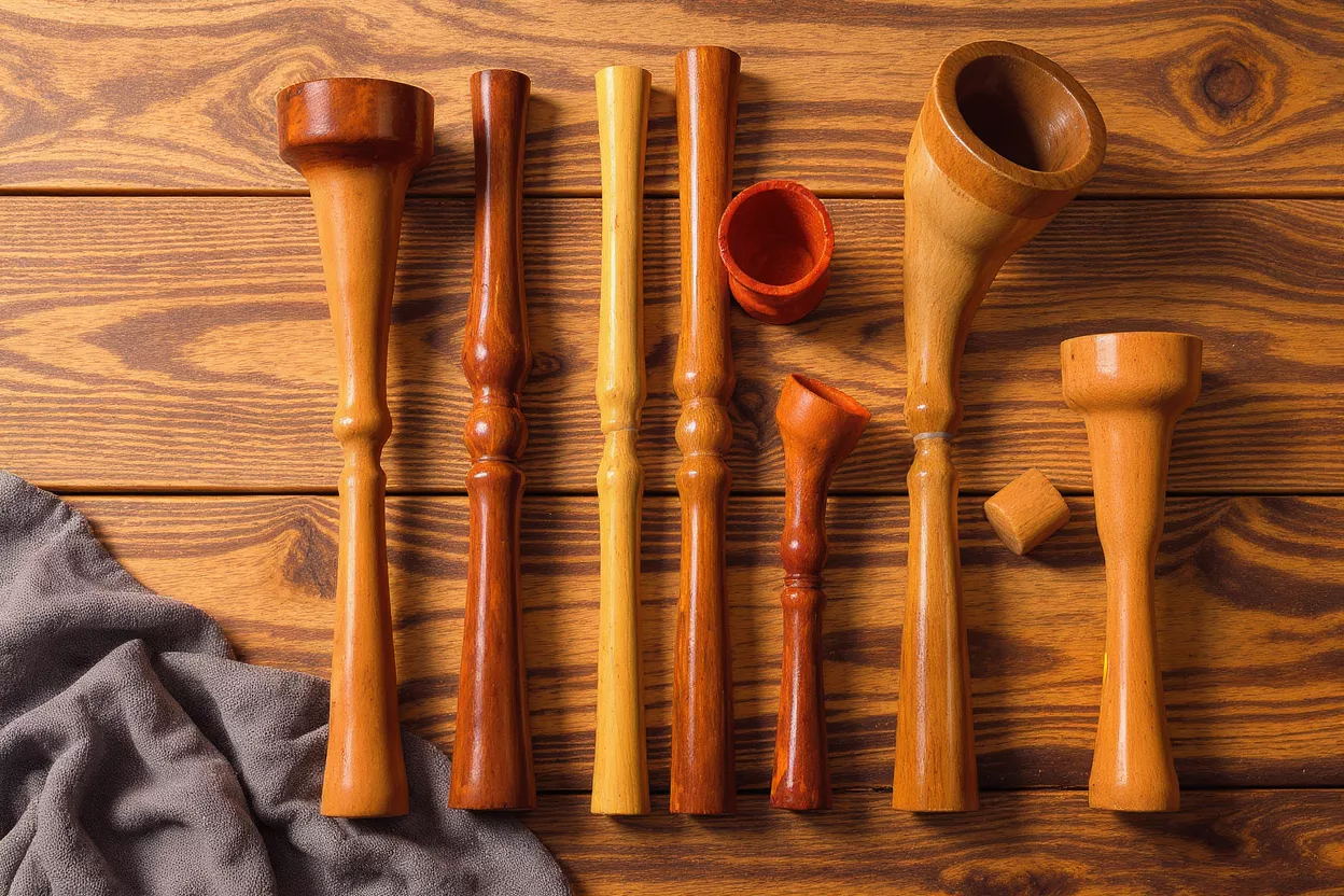 A collection of assorted wooden hookah mouthpieces arranged on a rustic wood table.