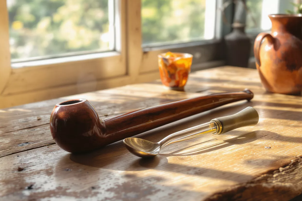A long wooden smoking pipe and a metal pipe tool on a sunlit table.