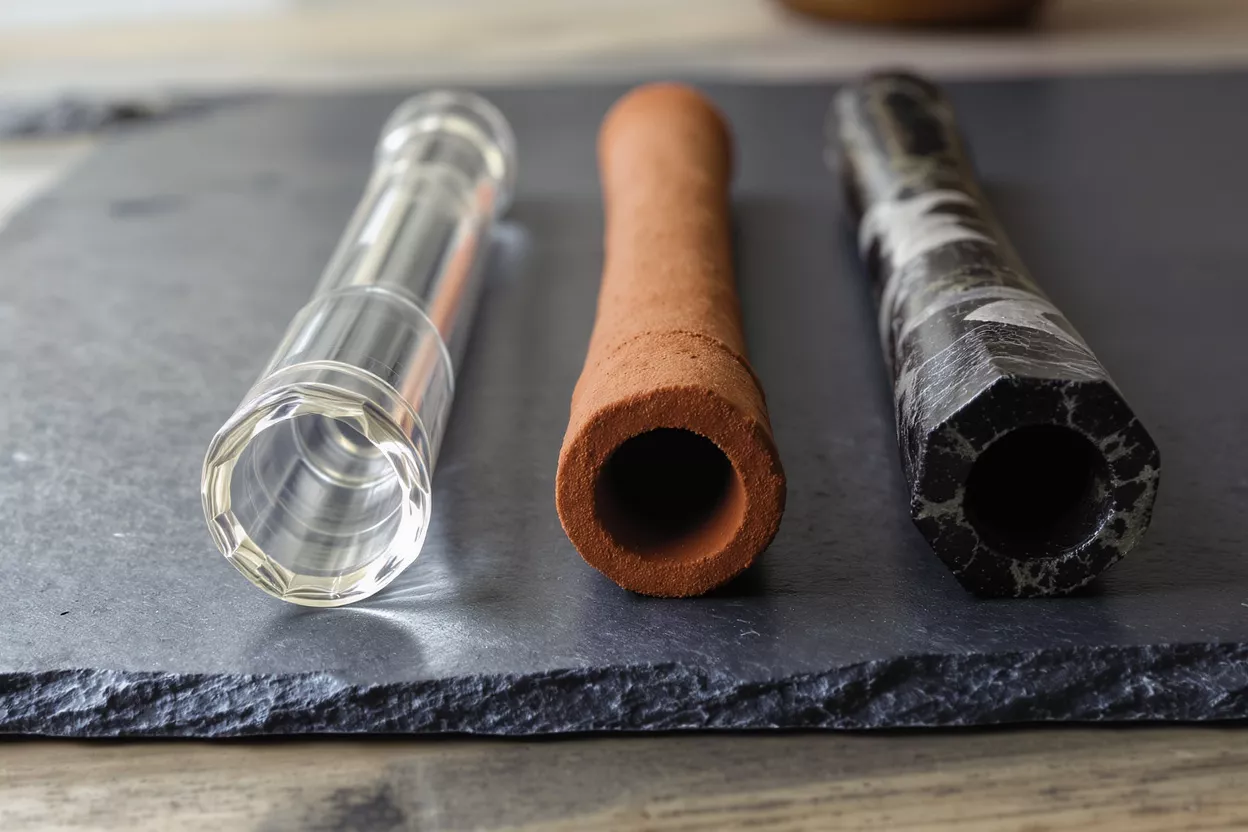 Three different pipes, one glass, one clay, and one marble, lying on a slate slab.